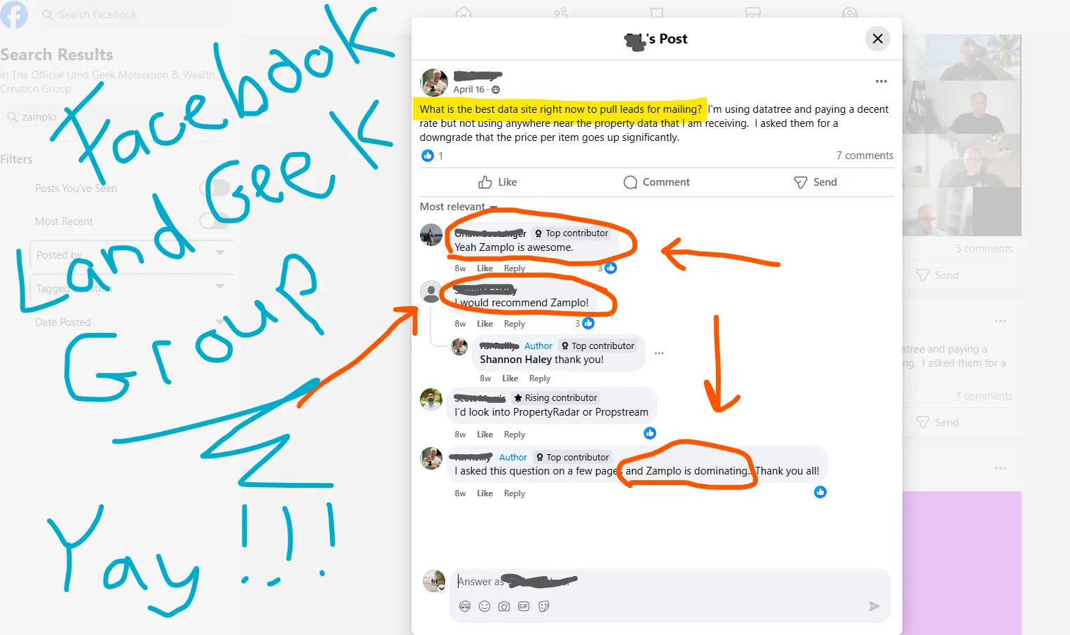 Real Facebook group comments from land investors recommending Zamplo